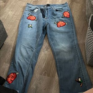 Who What Wear Blue Jeans with Red Floral Embroidery
